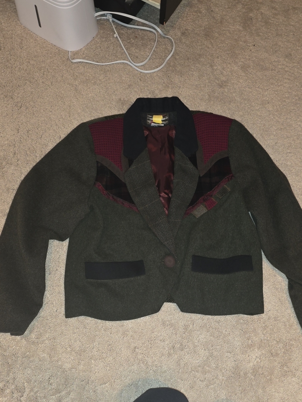 Vintage Olive Green Tweed Blazer Jacket with Burgundy Accents